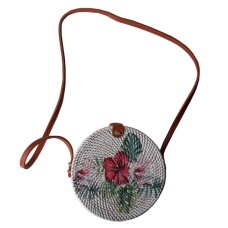 Rattan Purse Handbag Circle Long Strap White Flower Motif 20 cm