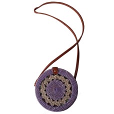 Rattan Purse Handbag Circle Long Strap Purple 20 cm