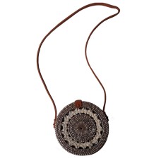 Rattan Purse Handbag Circle Long Strap Black White 15 cm