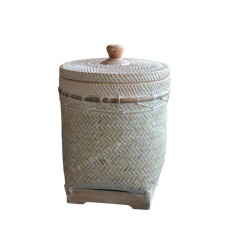 Bamboo Round Basket With Lid White Wash Finish