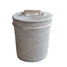 Tapered Rattan Basket With Lid White Wash Finish