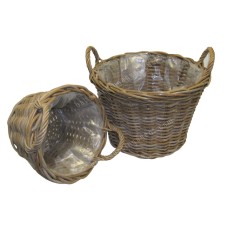 Round Rattan Basket With Handles Grey White Set Of 2