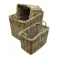 Rectangular Grey Rattan Basket With Handles Set Of 3