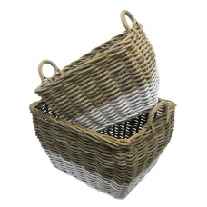Rectangular Rattan Basket With Handles Grey White Set Of 2