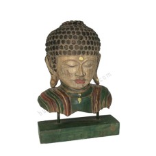 Wooden Buddha Head Stand Green Brown 40 cm